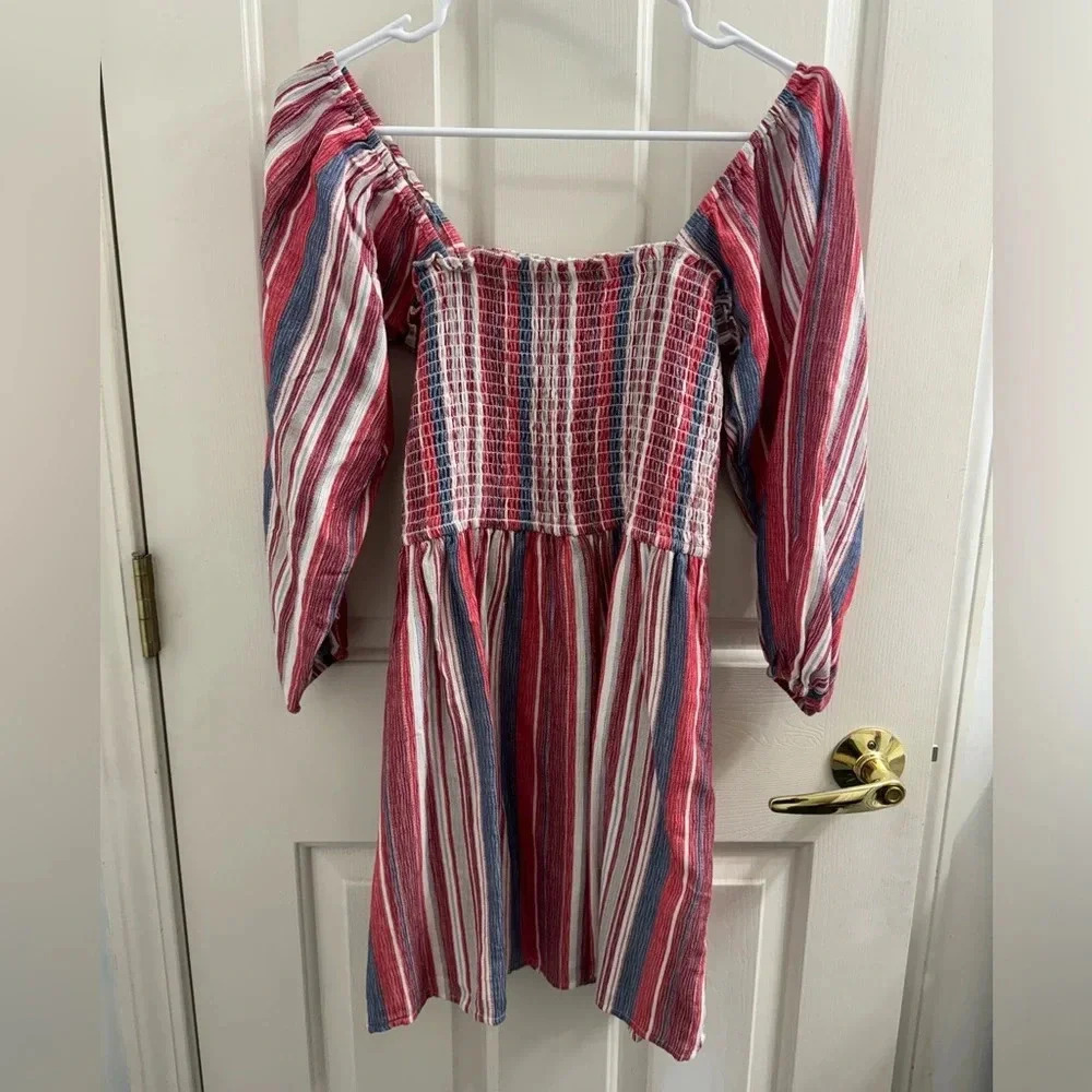 En Crème off the shoulder stripped mini dress